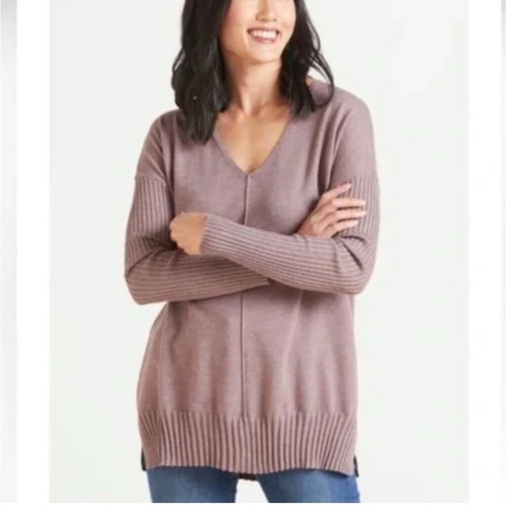 Evereve Everly Mauve Purple Pullover V-neck Ribbed Sweater Size Small
